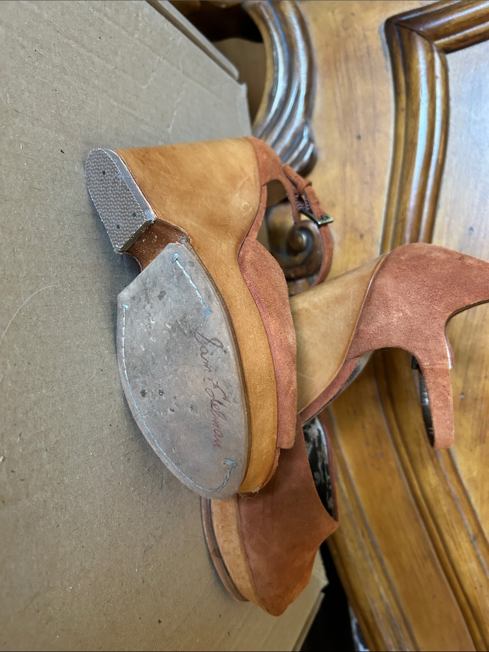 Sam Edelman Rust Suede Peep-Toe Ankle Strap Heels - Picture 3 of 4